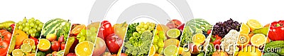 Wide panorama healthy fruits and vegetables separated by vertical lines on white Stock Photo