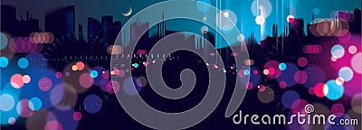 Wide Panorama light night at city, bokeh abstract background blurred lights. Effect vector beautiful background. Blur colorful Vector Illustration