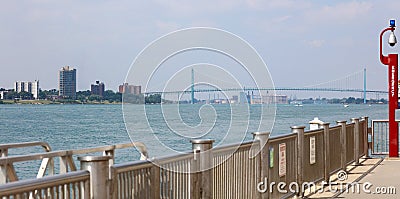 Wide panoramic high definition picture of the Ambassador bridge between USA and Canada Stock Photo