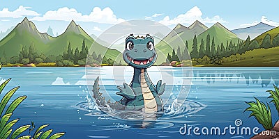 Wide panoramic shot of a funny cartoon Loch Ness monster (also known as Nessie) splashing in the water Stock Photo