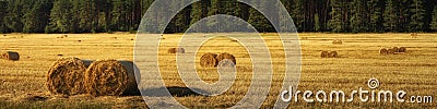 wide panoramic view of an agricultural field after harvesting with stubble and round bales of golden straw in front of a Stock Photo