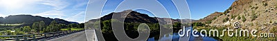 Wide Panoramic View John Day River Oregon Highway Bridge Stock Photo