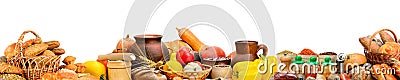 Wide photo with fresh fruits, vegetables, bread, dairy products, spices isolated on white background. Stock Photo