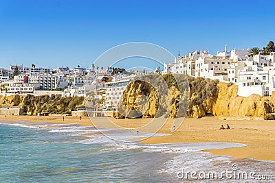 Wide, sandy beach in white city of Albufeira, Algarve, Portugal Editorial Stock Photo