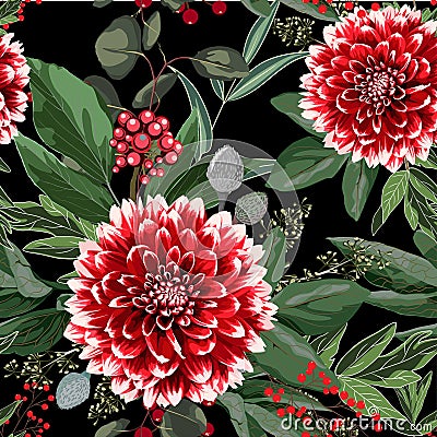 Wide seamless floral background pattern. Red dahlia flowers with christmas berries, branches with leaves on black background. Stock Photo