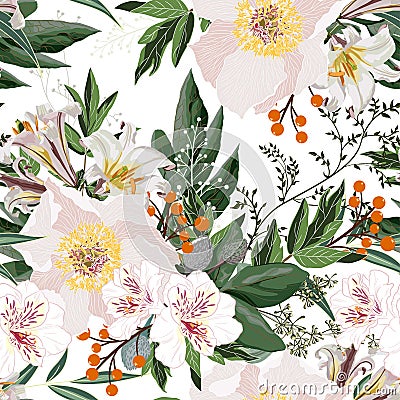 Wide seamless floral background pattern. White peony flowers with orange christmas berries, branches with leaves on black backgrou Stock Photo