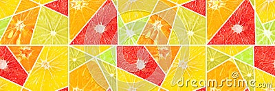 Wide seamless pattern fresh ripe sliced oranges, lemons, tangerines and grapefruits Stock Photo