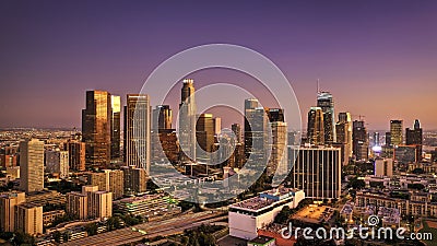 Wide shot of a beautiful urban cityscape under a purple clear sky Stock Photo