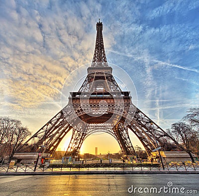 Wide shot of Eiffel Tower with dramatic sky, Paris, France Stock Photo