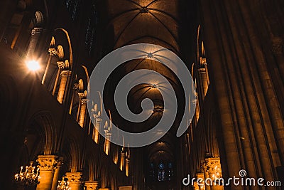 Wide shot of Notre Dame cathedral interior, Paris, France Editorial Stock Photo