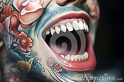 Wide smile with pointed teeth of a young man with tattoos on his face Stock Photo