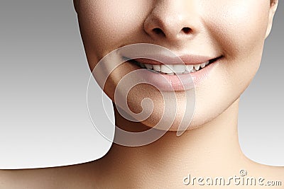 Wide smile of young beautiful woman, perfect healthy white teeth. Dental whitening, ortodont, care tooth and wellness Stock Photo