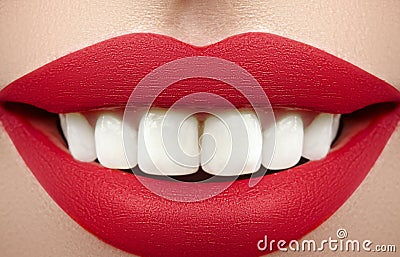 Wide smile of young beautiful woman, perfect healthy white teeth. Dental whitening, ortodont, care tooth and wellness Stock Photo