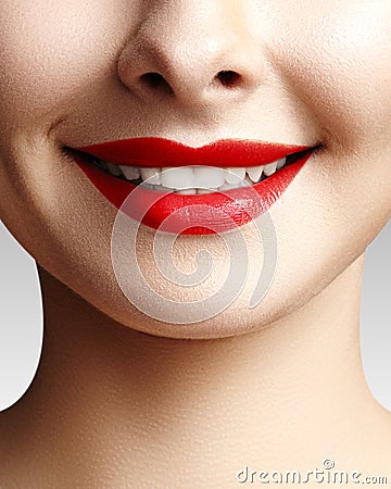 Wide smile of young beautiful woman, perfect healthy white teeth. Dental whitening, ortodont, care tooth and wellness Stock Photo