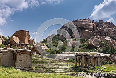 Wide stairway up hill at Nandi Monolith temple, Hampi, Karnataka, India Editorial Stock Photo