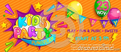 Wide Super Banner for kids party in cartoon style. Vector Illustration