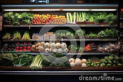 A wide variety of fresh fruits and vegetables beautifully arranged in a grocery store display, A vibrant display of organic Stock Photo