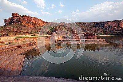 Wide view of agastya lake and bhutanatha temple at badami karnataka india Stock Photo