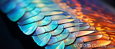 Colorful monarch butterfly wings. Macro iridescent butterfly wing on otherworldly style. AI generated. Stock Photo