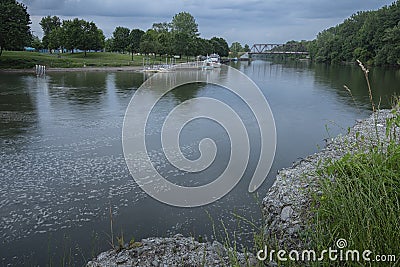 Wide View of Mohawk River in Bellamy Harbor Park, Rome, New York Stock Photo