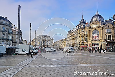 A wide view of Place de la Comedie square in Montpellier, Herault in Southern France Editorial Stock Photo