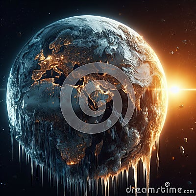 Wide view of the planet earth melting due to climate change Stock Photo