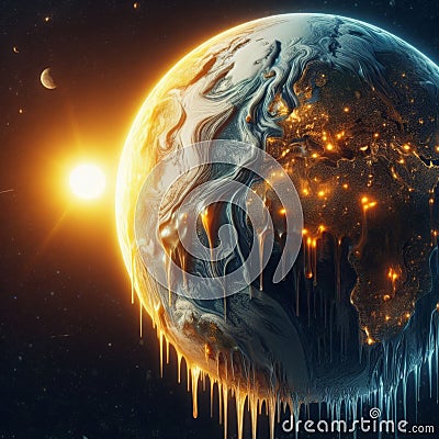 Wide view of the planet earth melting due to climate change Stock Photo