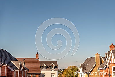 Wide view of roof tops of British housing development Stock Photo