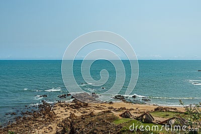 Wide view of ruined stone staircase with seashore background from viewpoint, Kailashgiri, Visakhapatnam, AndhraPradesh, March05 20 Editorial Stock Photo