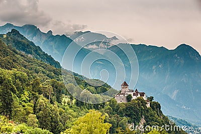 Wide view of Vaduz castle and Alps, Liechtenstein Stock Photo