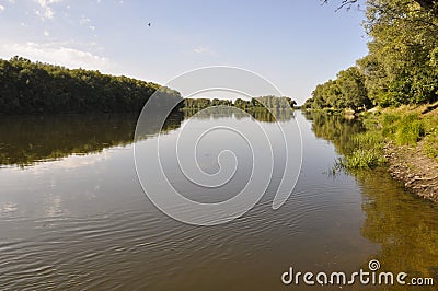 Wide yellow river is slow flowing. Early autumn. Sunny weather and brightgreen trees on the banks fron the both sides Stock Photo