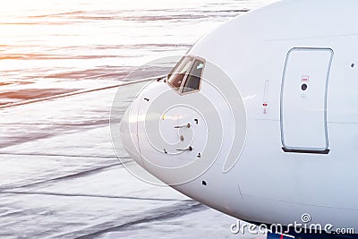 Widebody commercial jet airplane cockpit with door for entry-exit, side view Stock Photo