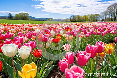 wider angle shot capturing a field of blooming perennial tulips Stock Photo