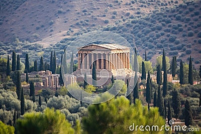 wideshot of a temple complex nestled amidst olive trees Stock Photo