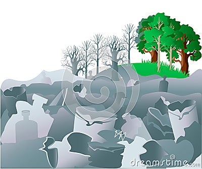 Widespread garbage pollution threatens nature, less green remains and more heaps of garbage. Vector Illustration