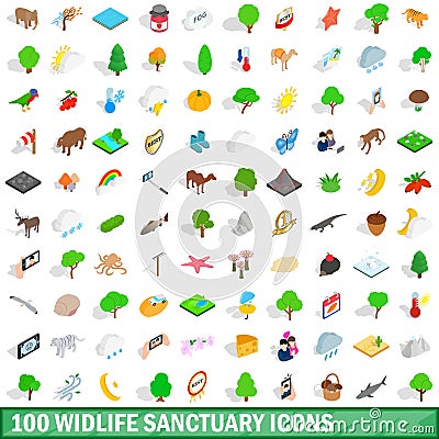 100 widlife sanctuary icons set, isometric style Vector Illustration