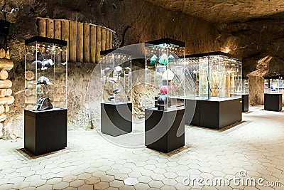 Wieliczka, Poland - glass-cases in exhibition chamber Editorial Stock Photo