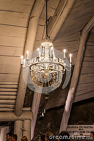 Wieliczka, Poland- July 16, 2023: A close-up of a chandelier made of salt crystals in the famous salt mine Editorial Stock Photo