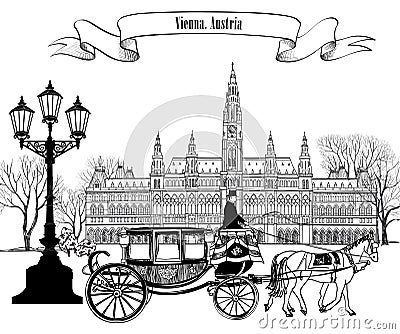 Wien city street view with rathaus and carriage. Stock Photo