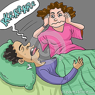 Wife can`t sleep with snoring husband Vector Illustration