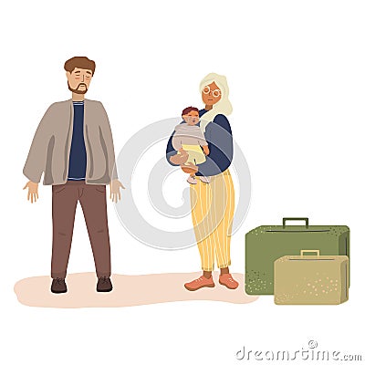 A wife with a child leaves her husband with things. Adultery. Vector Illustration