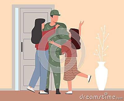 Wife and daughter with joy meet father of soldier returned from war or army. Warfare action serviceman is back home Vector Illustration