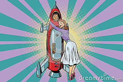 Wife hugs her husband astronaut in the rocket Vector Illustration