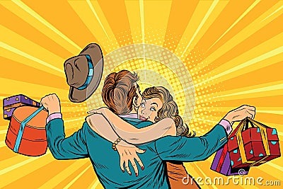 Wife hugs her husband with gifts Vector Illustration