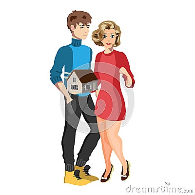 Wife and husband holding in hand small house Vector Illustration