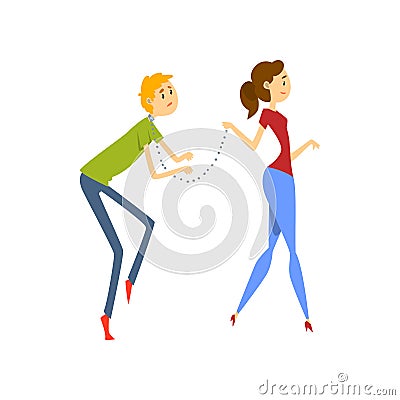 Wife leading her henpecked husband on a leash, husband dominated by wife cartoon vector Illustration on a white Vector Illustration