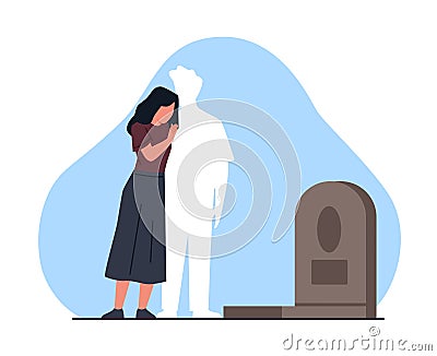 Wife pines for her dead husband. Crying woman near grave, man ghost. Missing love couple. Unhappy widow despair after Vector Illustration