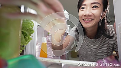 Wife Preparing for Dinner Taking Some Ingredient from the Fridge. Shoot