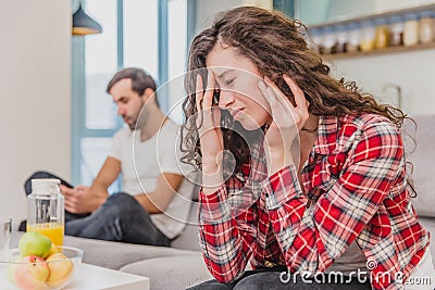 The wife refuses to listen to her nervous, screaming husband and gives him a quiet treatment. Nervous people. Stock Photo