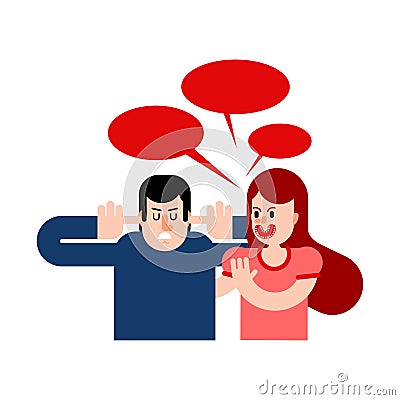 Wife shouts at her husband. Woman screaming at man. Man covered his ears and closed his eyes. Guy does not talk. offended Vector Illustration